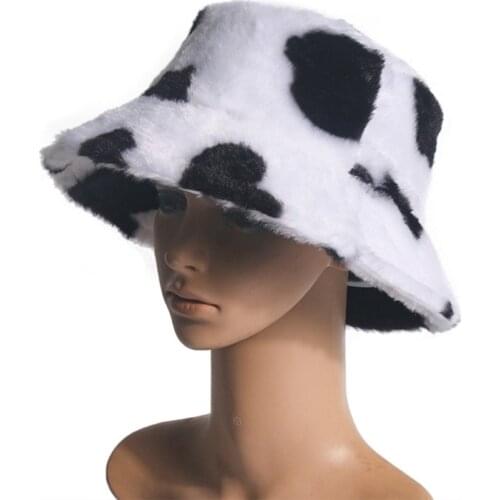 Women Winter Warm Fluffy Plush Bucket Hat Milk Cow Print Panama Fisherman Cap N58F