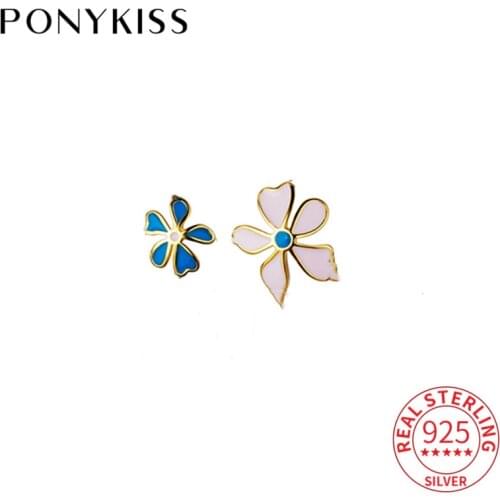 PONYKISS Romantic S925 Sterling Silver Asymmetric flowers Stud Earrings Women Party Delicate fine Jewelry Accessories chic Gift