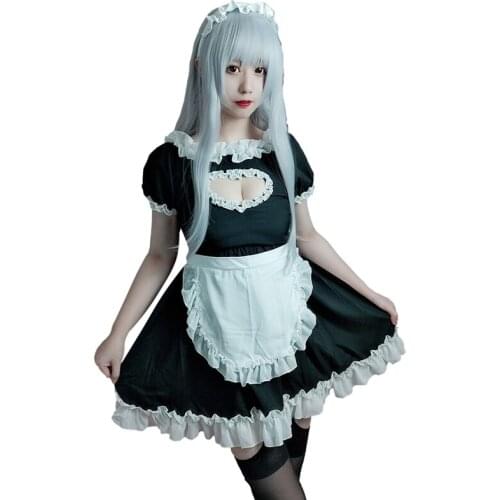 Kawaii Heart Hollow Out Maid Costume Women Lolita Cute Cat Girls Anime Cosplay Uniform Dress Halloween Open Chest Black Outfits
