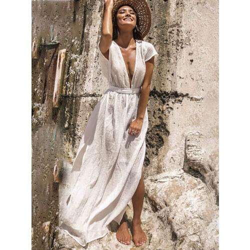 Fitshinling Backless Deep V Neck Boho Long Dress Tunic Swimwear Sexy Hot White Dress Slit Summer Holiday Pareo Women Maxi Dress
