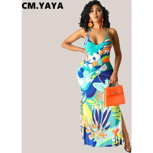 CM.YAYA Floral Print Beach Maxi Womens A-line Dress Sexy Night Party Sleeveless Cross Open Back Long Bodycon Long Dresses 2021