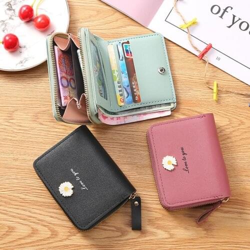 2021 New Design Small Daisy Women Short Wallets Card Holder High Quality PU Coin Purse Simple Zipper Money Bag Wallets Unisex