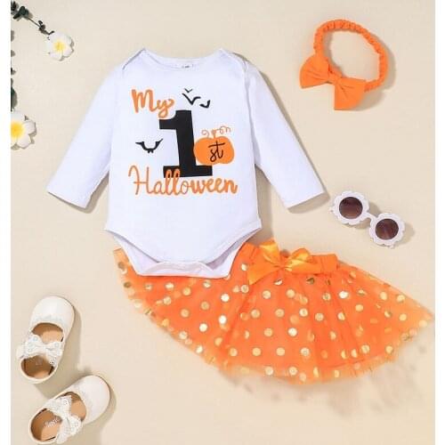 My1st Halloween Newborn Baby Girl Long Sleeve Cotton Bodysuit Tops Dot Tutu Skirt Headband 3PCS Baby Girls Holiday Clothing Set