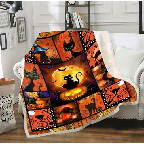3D Flannel Blanket Halloween Series Black Cat Printed Vintage Bedding Bedspread Blankets Super Soft Blanket Room Decor