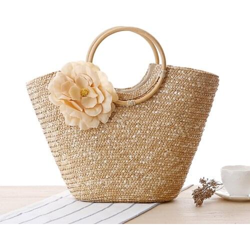 Aaby 2021 Round Handle Design Straw Bag for Women Brand Simple Floral Appliques Summer Handbags Female Travel Shoulder Bags