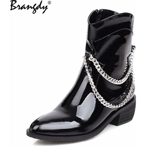 Brangdy Fashion Women Knight Boots PU Leather Ankle Boots Metal Chain Women Shoes Pointed Toe New Womens Winter Boots Zipper