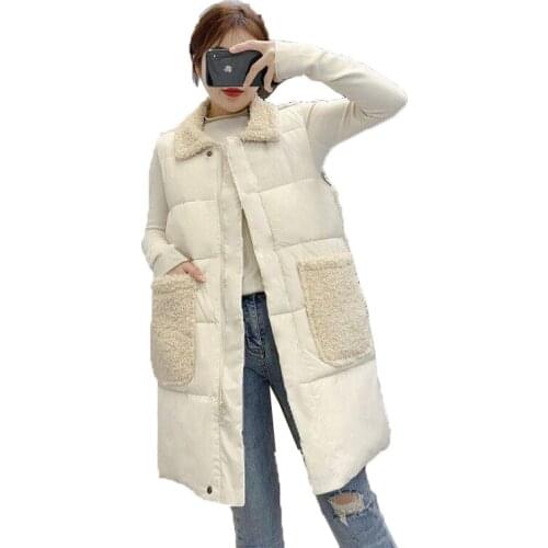 Lamb Wool Cotton Vest Mid-Long Down Cotton Coat Womens Winter Thick Jackets Colid Color Pocket Sleeveless Vest Outwear Parkas