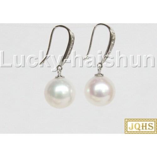 JQHS AAAA DANGLE 10MM ROUND WHITE PEARL EARRING 18KT WHITE GOLD HOOK j11798