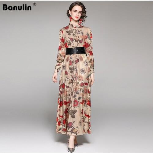 Banulin Runway Fashion 2021 Women Dresses Long Sleeve Shirt Dress Belted Vintage Floral Print Elegant Long Maxi Dress N7508
