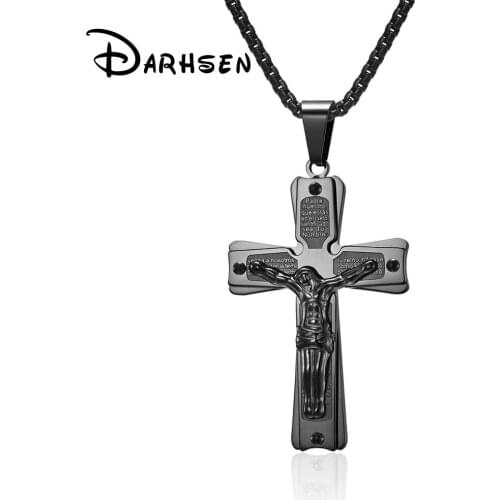 Male Men Cross Pendant Christian Jesus Necklace 55cm Chain Black Golden Stainless Steel Fashion Jewelry New Arrival 2021