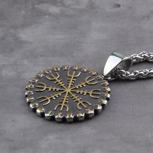 Never fade Stainless steel "Helm of Awe" and "Viking Vegvisir" Iron Color Viking Rune Pendant Necklace As Men Gift