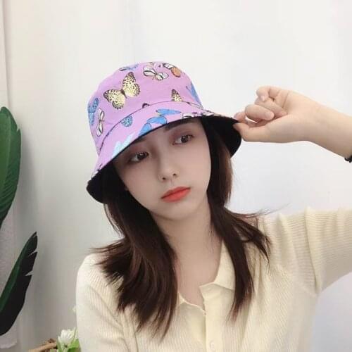 New Women Butterfly Double Sided Embroidery Bucket Hat Foldable Summer Sun Panama Hats Hip Hop Caps Outdoor Fishing Fishman Hat