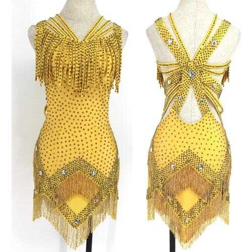 Latin Dance Dress Gold Fringe Dress Sparkly Diamond Party Dancer Performance Latin Dance Clothes Ladies Competition Dress BL4526