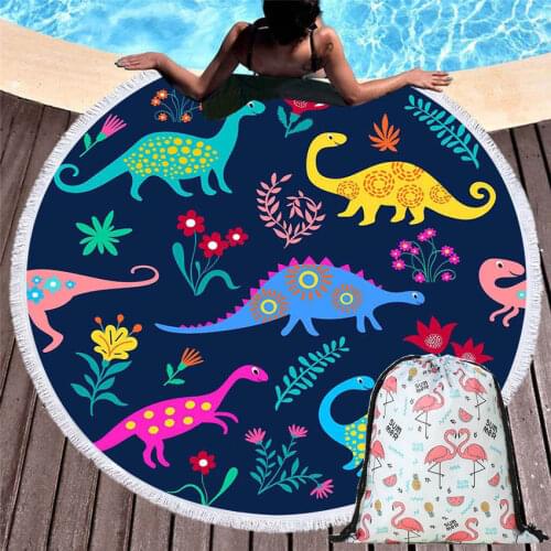 Beach Towel Round Cartoon Animals Summer Sports Bath Towel Blanket Seaside Wall Tapestry Yoga Mat With Drawstring Backpack Bag