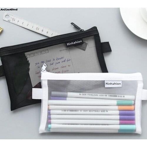 Simple Transparent Mesh Pencil Case Pencil Bags Nylon Korea Pen Storage Box For Student School Office Stationery Supplies