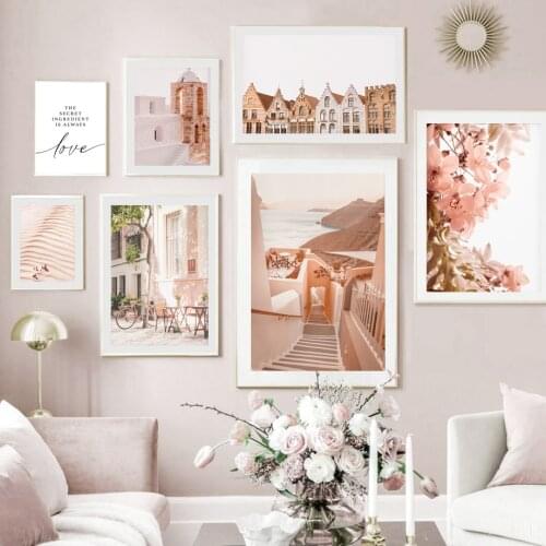 Santorini Venice Peach Blossom Retro Car Quote Flower Wall Art Canvas Painting Posters And Prints Living Room Nordic Style Decor