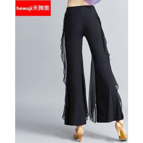 Ladies Modern Dance Pants Female Trumpet Wide Leg Pants Girls Waltz Tango Dancing Pant Dance Long Trousers Black B-6866