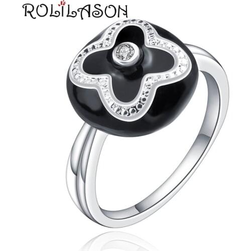 New Design for Womens Individuality Anniversary Black Flower White Crystal silver fashion jewelry USA Size #6#7#8#9#10 JR2157