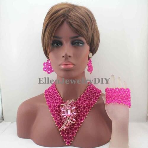 New Latest Fashion Fuschia Pink Indian Bridal Women Jewelry Set Statement Chunky Necklace Set for Wedding Free shipping W13507