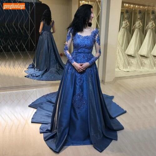 Royal Blue Evening Dresses Long Sleeves Formal Elegant Lace Appliqued Beaded Satin A Line Women Party Gowns 2020 Вечернее Платье
