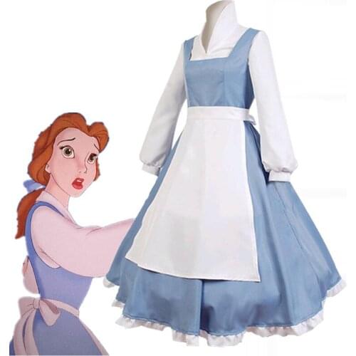 Adult Women Belle Blue Maid Dress Cosplay Costume Women Blue Full Set Dress Halloween Costume Adult Beauty And The Beast Belle