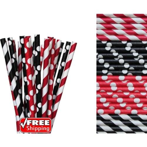 200pcs Mixed 4 Designs Black and Red Themed Paper Straws-Stripe,Polka Dot Ladybug Birthday Karate Party Decor Baby Shower Cute