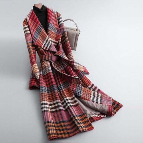 2021 Autumn Winter New Arrival Women Warm Wool Coat Fashion Plaid Belted Blends Outwear Female Korean Slim Office Long Coat