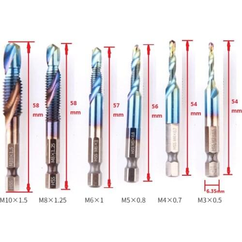 6Pcs Hex Shank Titanium Plated HSS Screw Thread Metric Tap Drill Bit Screw Machine Compound Tap M3 M4 M5 M6 M8 M10 Hand Tool