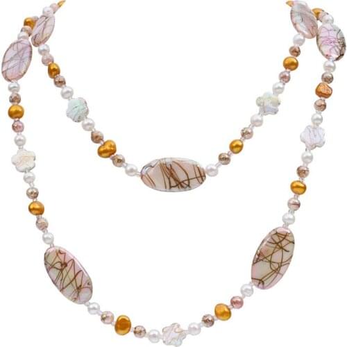 Free shipping Mother of pearl flower beads round natural real pearl from oyster 36 inch long sweater chain wedding fashion gift