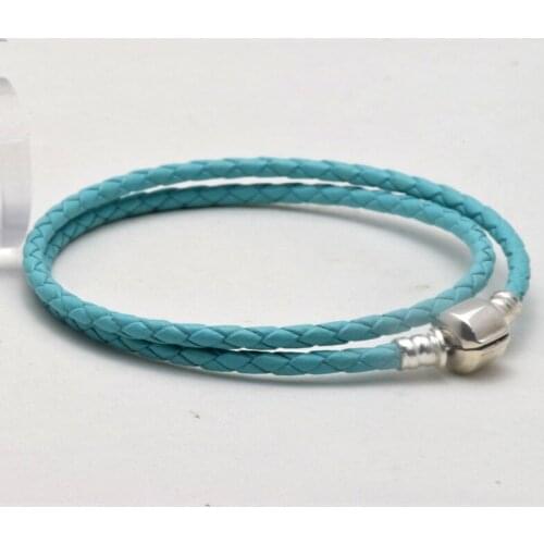 Ocean Blue Leather Bracelet S925 Original Sterling Silver Barrel Clasp Charms Bracelets for Women Jewelry Making pulseras