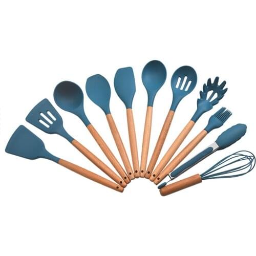 Food Grade Silicone Cooking Utensils Wooden Handle Dark Blue Spoon Scraper Spatula Ladle Egg Beaters Oil Brush Tools Kitchenware