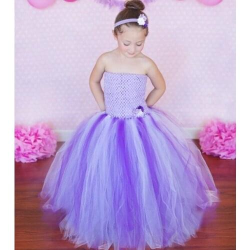 Girls Purple Long Tutu Dress Kids Crochet Corset Tulle Dress Ball Gown with Flower Headband Children Wedding Party Costume Dress