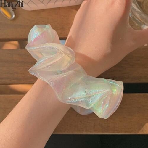 HangZhi 2020 New Korean Sweet Mermaid Scrunchies Pearlescent Color Laser Organza Hair Rope Ponytail Hair Bands Hair Accessories