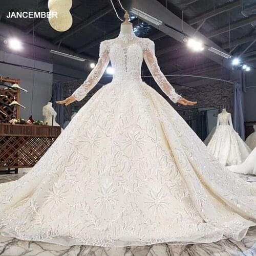 HTL1701 Shining Charming Tulle Top Sequin And Crystals High Neck Long Sleeve Wedding Dress 2020 свадьба платье