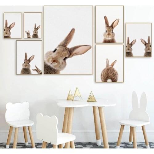 Kawaii Rabbit Canvas Printings Nordic Woodland Animal Poster Wall Art Brown Bunny Print Painting Pictures Kid Bedroom Decor