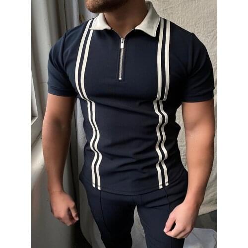 2021 Summer Fashion Stripe Patchwork Men Polo Shirts Casual Slim Turn-down Collar Zipper Design Short Sleeve Tops US Size