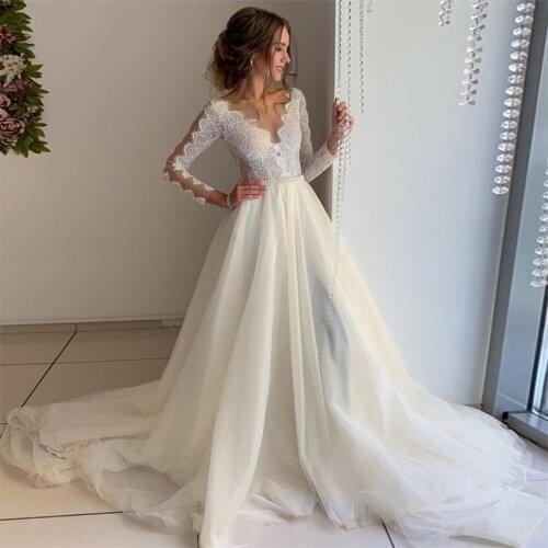 MYYBLE 2021 Illusion Tulle Scoop Neck Ivory Wedding Dress with white Lace Pearls Belt Sweep Train Bridal Dress Vestido de novia