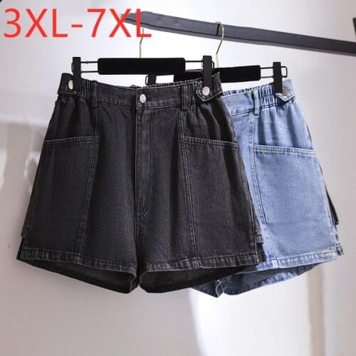 New 2021 Ladies Summer Plus Size Denim Shorts For Women Large Loose Cotton Wide Leg Pocket Black Shorts 3XL 4XL 5XL 6XL 7XL