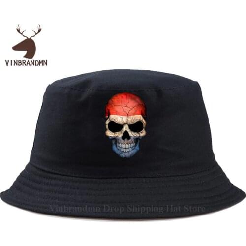 New hot sate Dutch Flag Sugar Skull with Roses Bucket hat Vintage Retro Netherlands Flag Skull hat Holland Skeleton Baseball cap