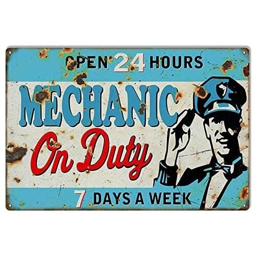 Open 24 Hours Mechanic On Duty Metal Tin Sign 8x12 Inch Decor Travel