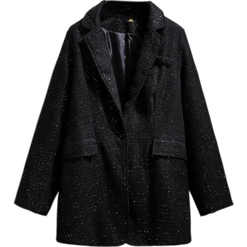 Oversize Blazer Women Spring Autumn Woolen-Cloth Jacket Black Casual Top Sequined Loose Suit Plus Size 6XL Chest 150cm KW1087