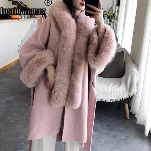 New Fashion Korean Style Women Double-sided Wool Coat with Fox Fur Trim Hoodie Charming Female Windproof Winter Woman Coat 2020