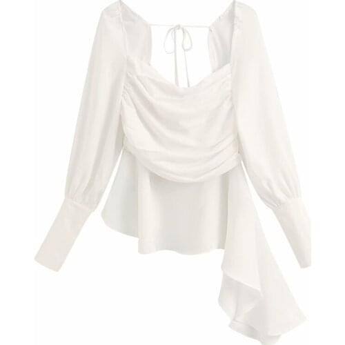 PERHAPS U Asymmetrical Black White Solid Long Sleeve Top Women Chiffon Blouse Shirt Slash Neck B0464