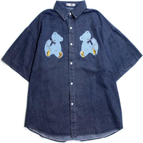 New Summer Shirt Women Oversize Shirt Cotton Loose Short Sleeve Blouse Cartoon Bear Pattern Embroidery Harajuku Man Denim Shirts