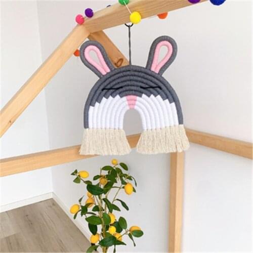 Handmade Macrame Rainbow Grey Rabbit Wall Hanging Decorative For Boho Home Decor Kids Room Baby Shower Party Hanging Pendant