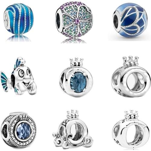 925 Sterling Silver Glorious Bloom Sparkling Crown O charm Fit pandora Bracelet Little Mermaid Flounder Charm DIY Jewelry