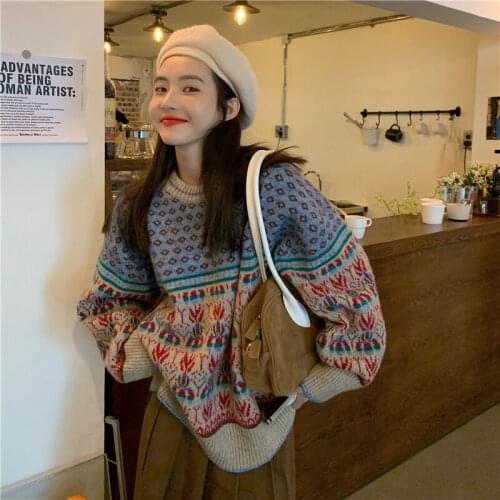 Vintage Womens Sweater Loose Printing Outerwear Autumn And Winter 2021 Korean Style Pullover Women Long Sleeve Knitted Sweaters