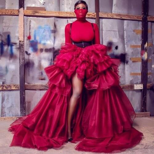 High Fashion Burgundy High Low Prom Skirt for Women Puffy Tiered Tulle Long Skirts Elegant Ruffled Wedding Skirt Custom Made