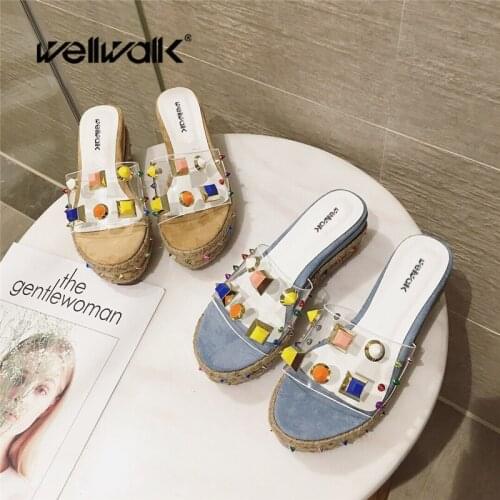 Wellwalk Colors Studs Wedge Slippers Ladies Increased Heel Slides Women Summer Crystal Design Slipper Female Home Slide Fashion