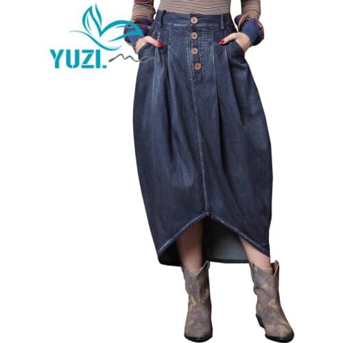 Skirts Womens 2018 Yuzi.may Boho New Denim Skirt Asymmetrical Hem All-match Middle Waist Saia Feminina X2225 Long Saias